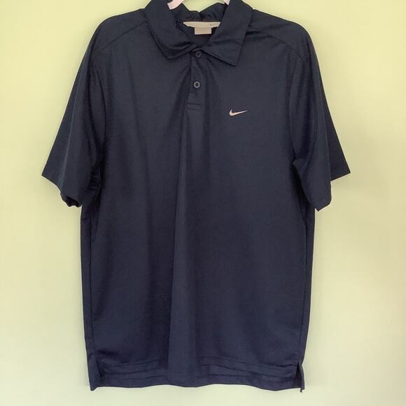Nike Swoosh Logo Polo Shirt Textured Navy Blue Shoulder Yoke - Picture 1 of 9
